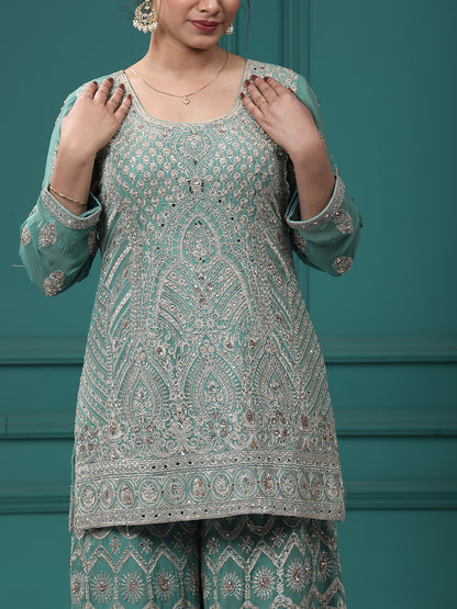 Light Green Georgette Resham Zari Sharara Suit