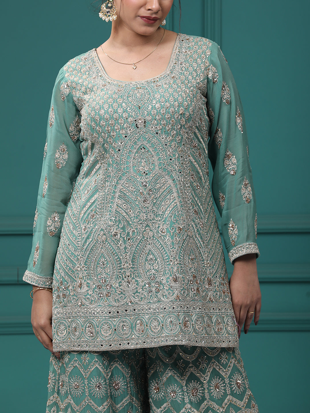 Light Green Georgette Resham Zari Sharara Suit