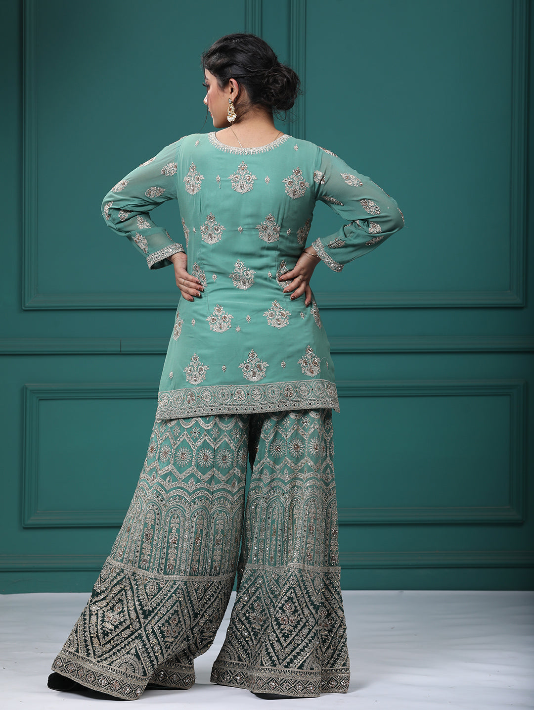 Light Green Georgette Resham Zari Sharara Suit