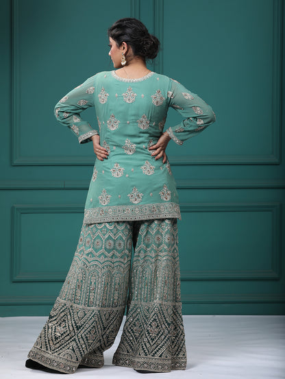Light Green Georgette Resham Zari Sharara Suit