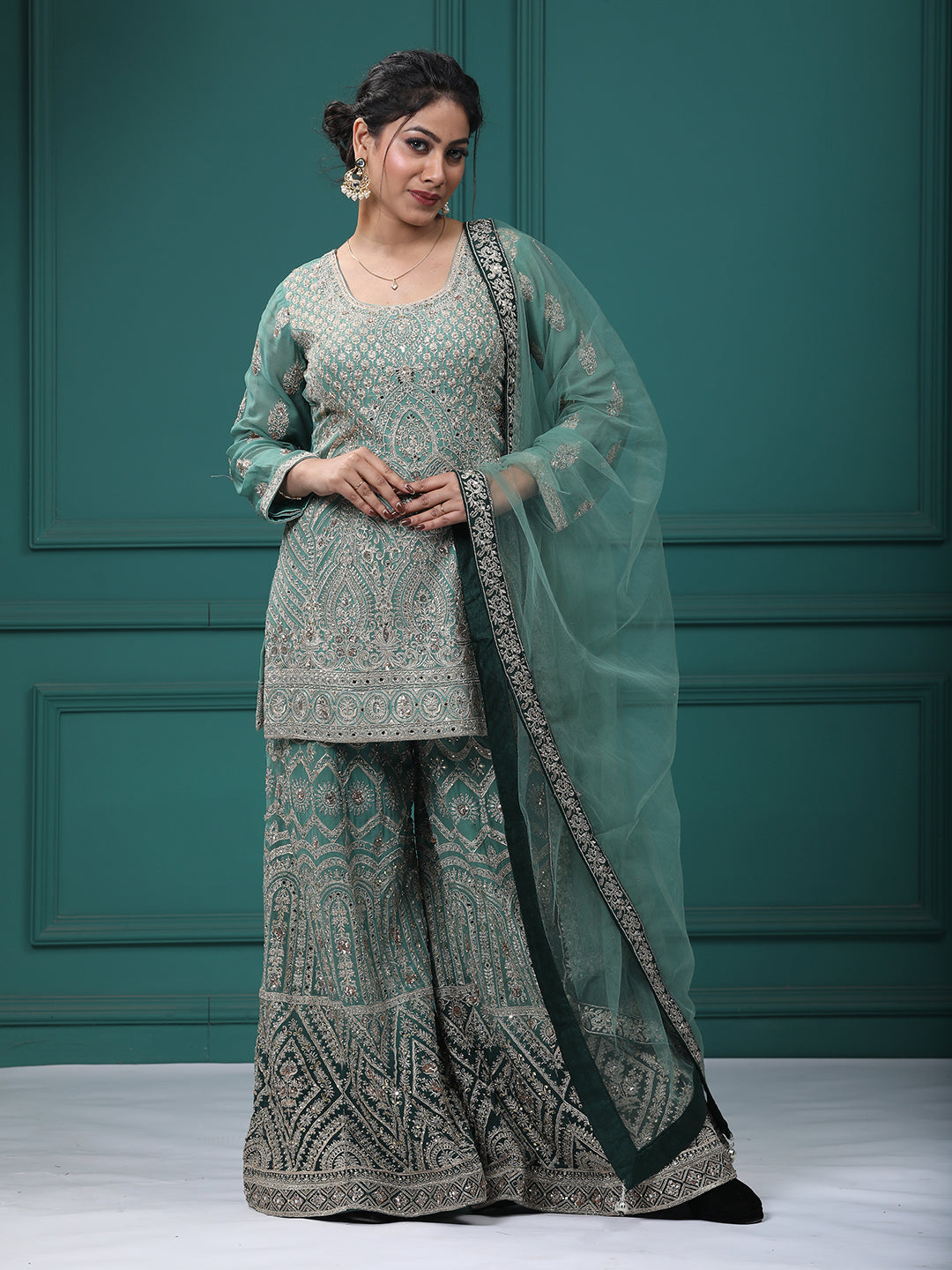 Light Green Georgette Resham Zari Sharara Suit