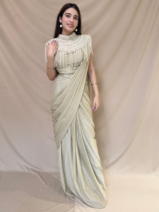 Light Pista Green Shimmery Drape Saree with Pearl Cape