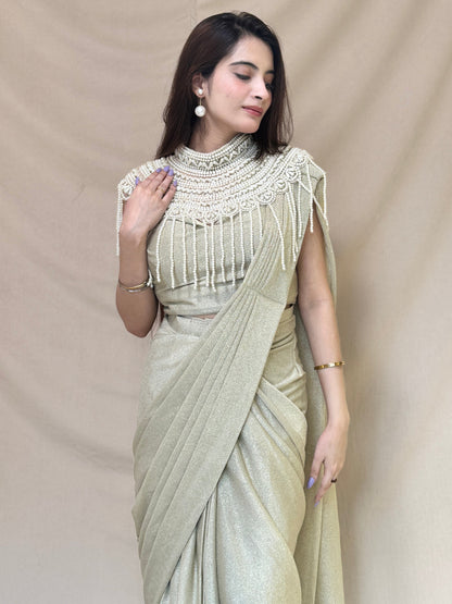 Light Pista Green Shimmery Drape Saree with Pearl Cape