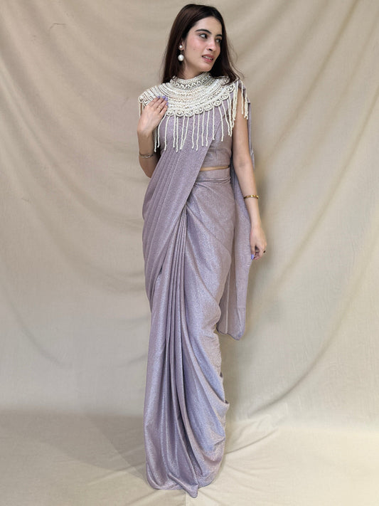 Lilac Shimmery Drape Saree with Pearl Cape