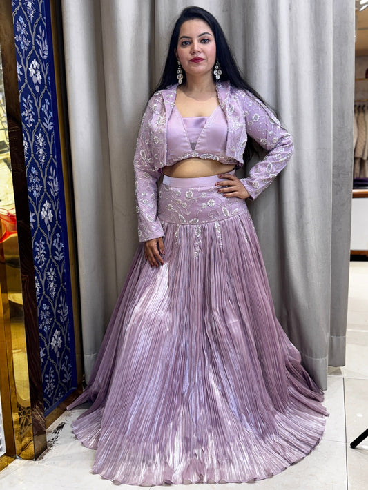 Lilac fish cut lehenga with heavy hand embroidered designer jacket and frill dupatta