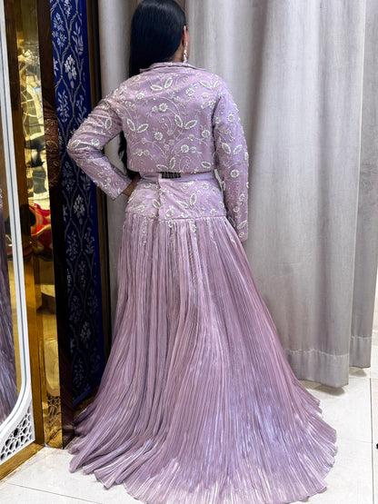Lilac fish cut lehenga with heavy hand embroidered designer jacket and frill dupatta
