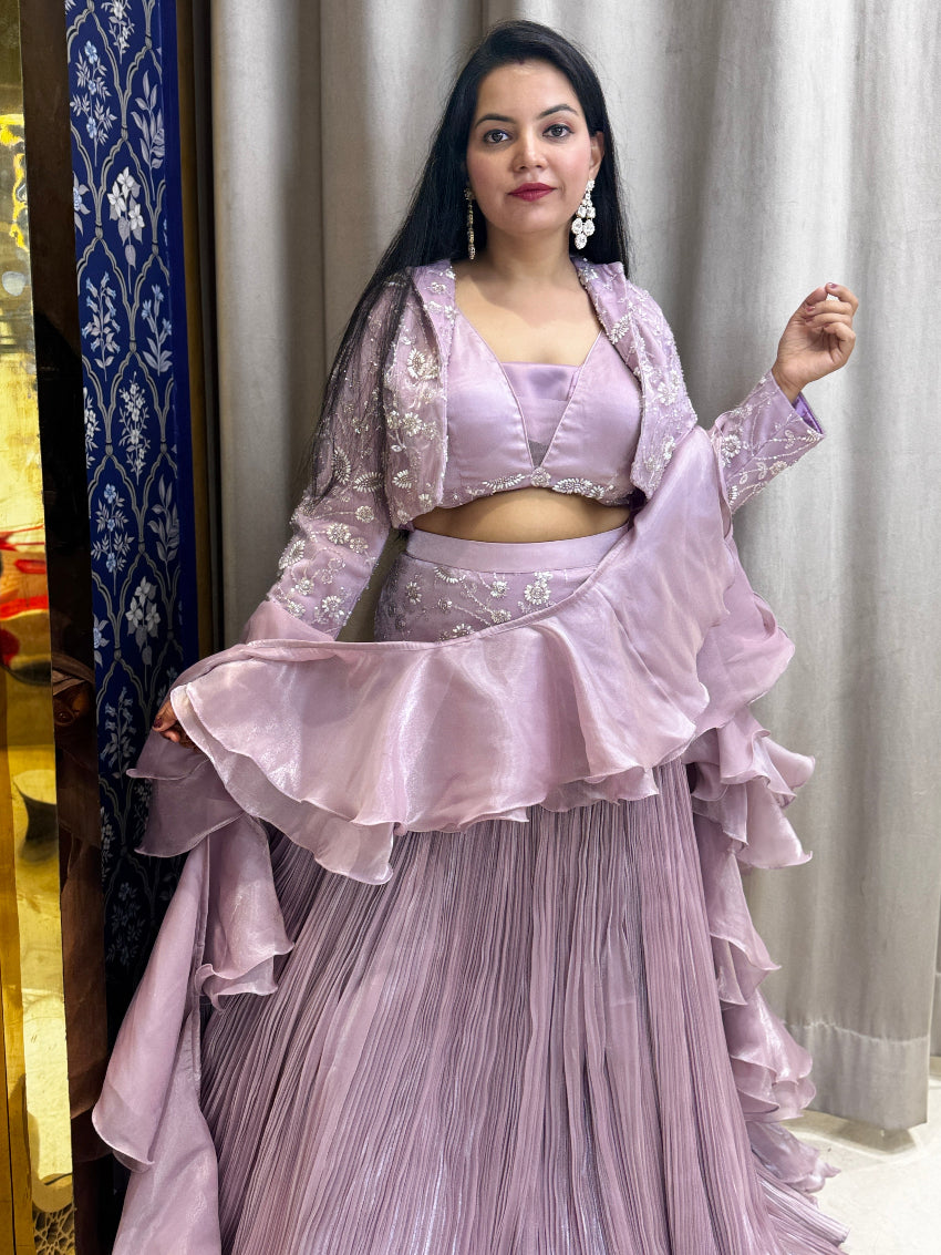 Lilac fish cut lehenga with heavy hand embroidered designer jacket and frill dupatta