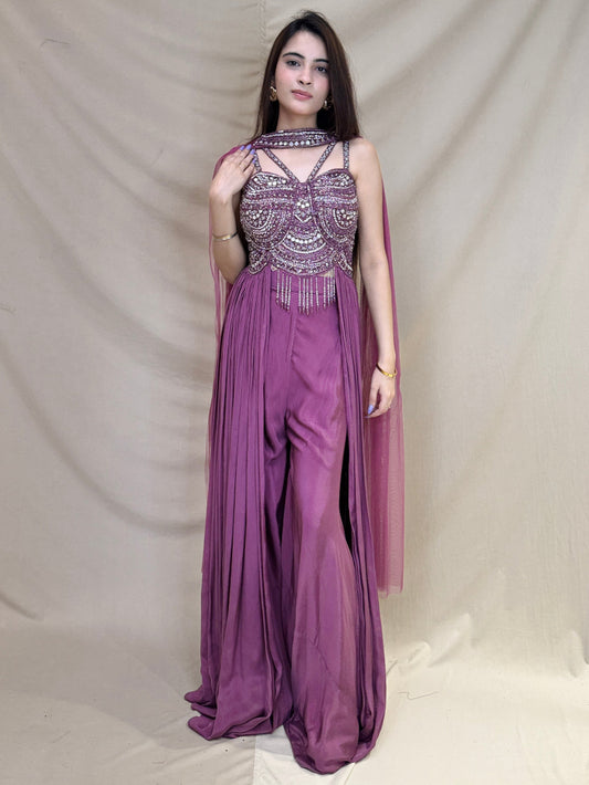 Mauve Corset Style Front Open Indo-Western Dress with Palazzo and Detailing on Top and Dupatta Neck