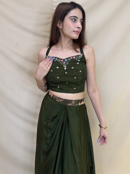 Mehandi Color Indo Western Dhoti with heavy embroidered crop jacket and a bustier