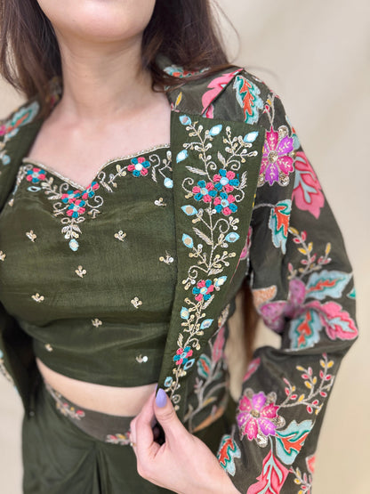 Mehandi Color Indo Western Dhoti with heavy embroidered crop jacket and a bustier