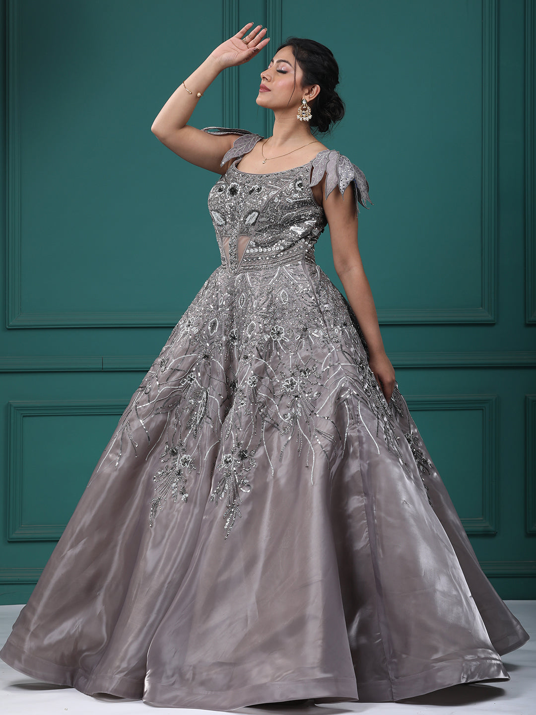Mettalic Grey Organja Handwork Ball Gown