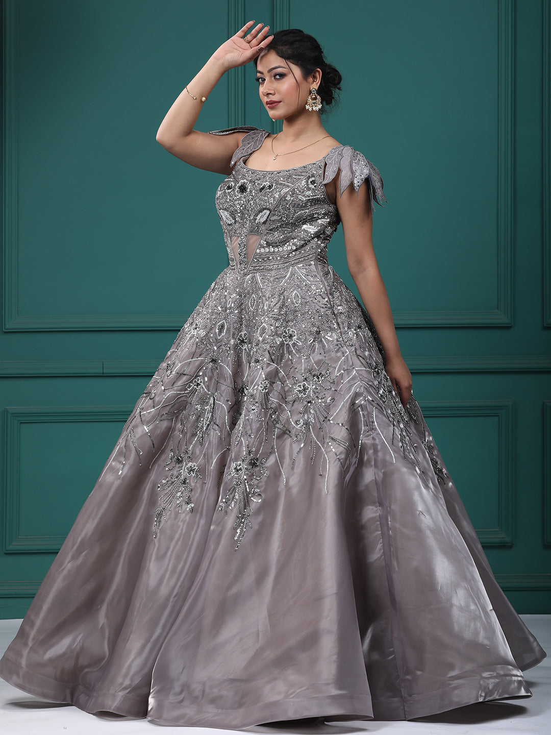 Mettalic Grey Organja Handwork Ball Gown