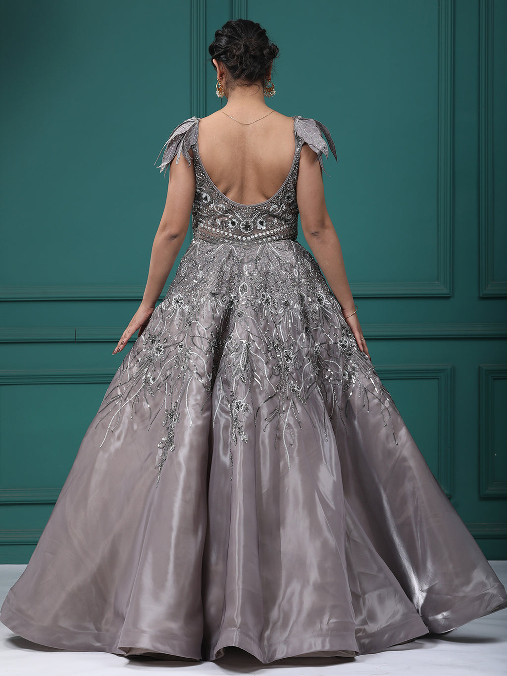 Mettalic Grey Organja Handwork Ball Gown