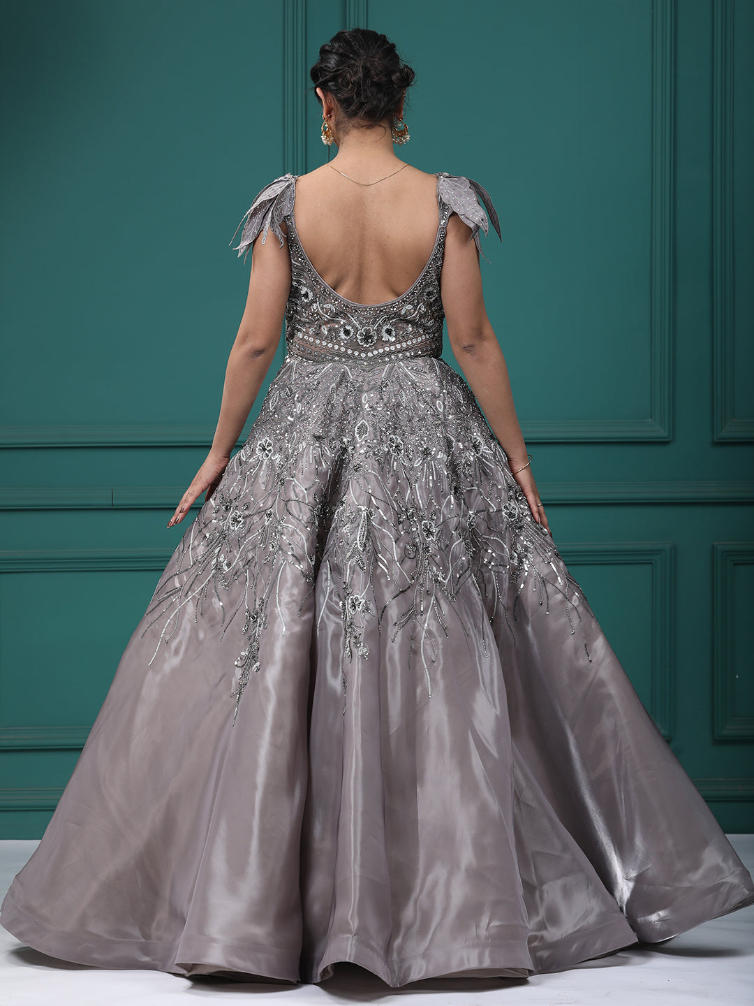 Mettalic Grey Organja Handwork Ball Gown