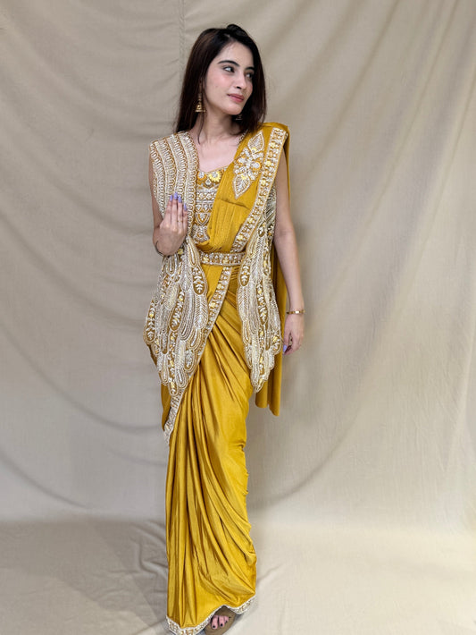 Mustard Golden Drape Saree With Embroidered Shrug, Blouse And Belt