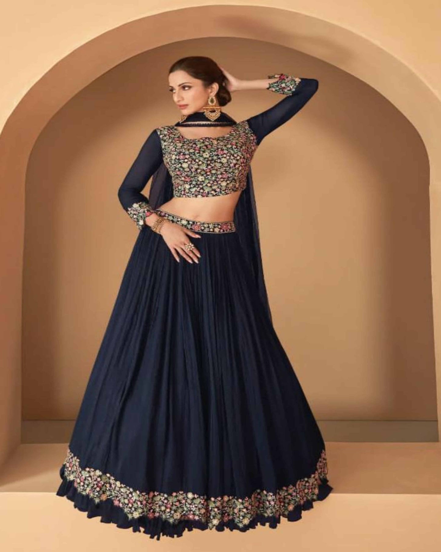 Navy Blue Georgette Crop Top With Multi Blouse