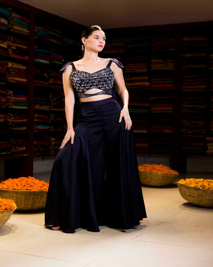 Navy Blue IndoWestern With Crystal Handwork with Plazo