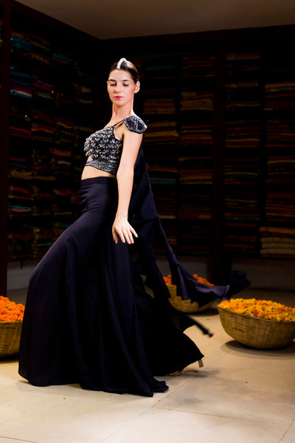 Navy Blue IndoWestern With Crystal Handwork with Plazo