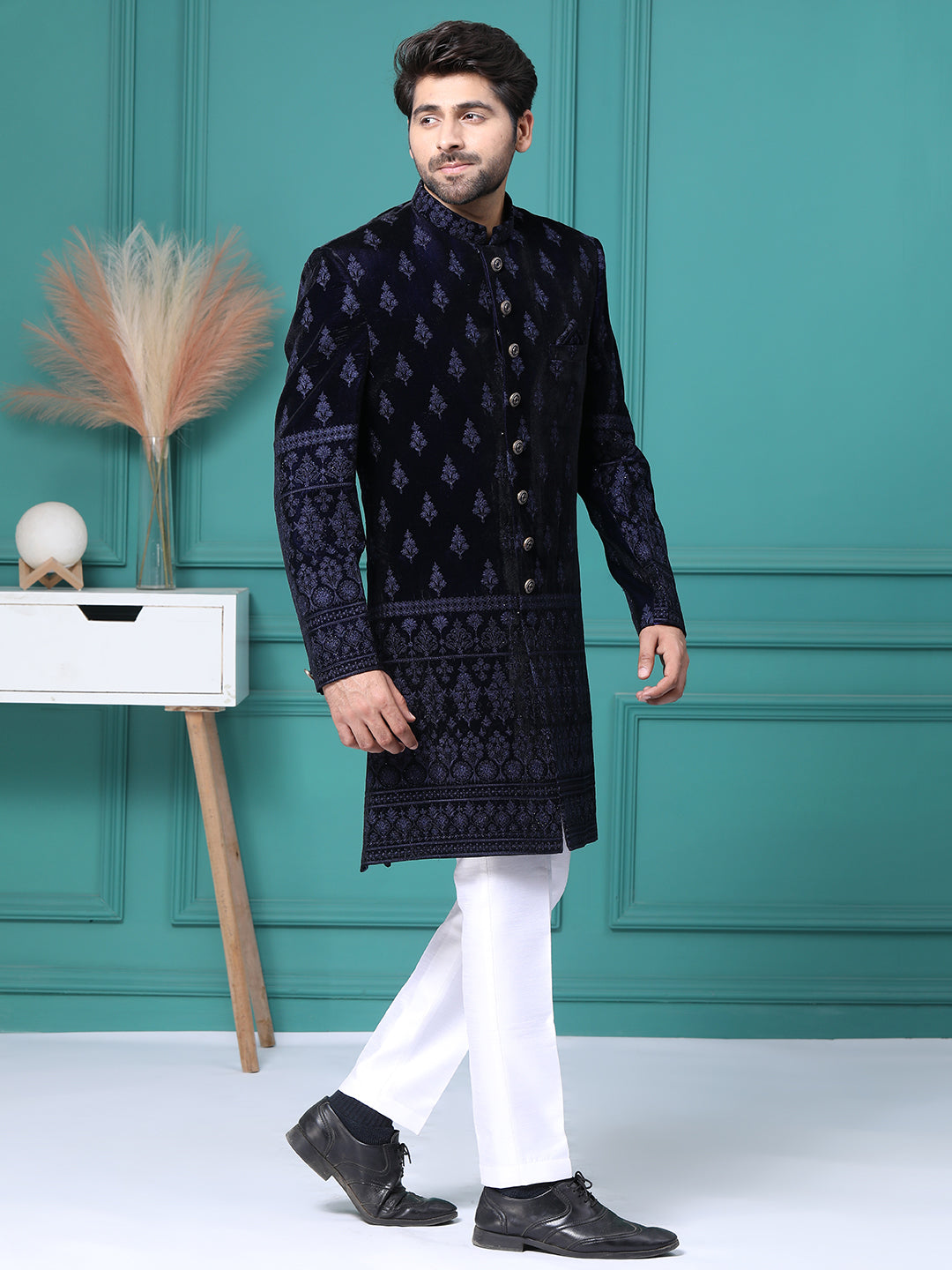 Navy Blue Resham Embellished Mens Indo Western with Pant