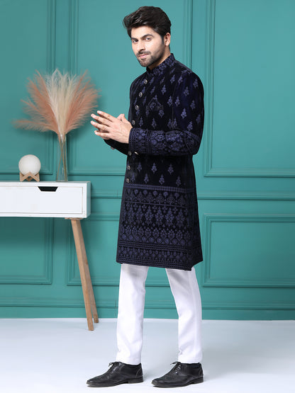 Navy Blue Resham Embellished Mens Indo Western with Pant