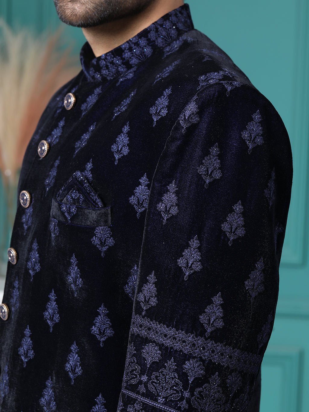 Navy Blue Resham Embellished Mens Indo Western with Pant