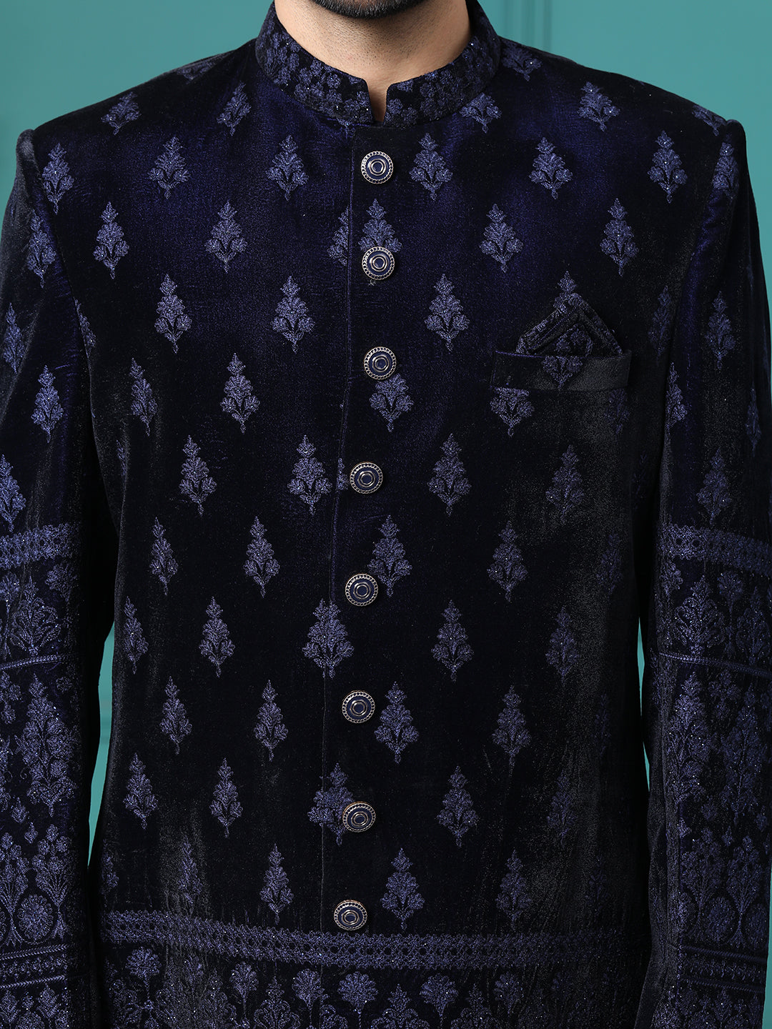 Navy Blue Resham Embellished Mens Indo Western with Pant