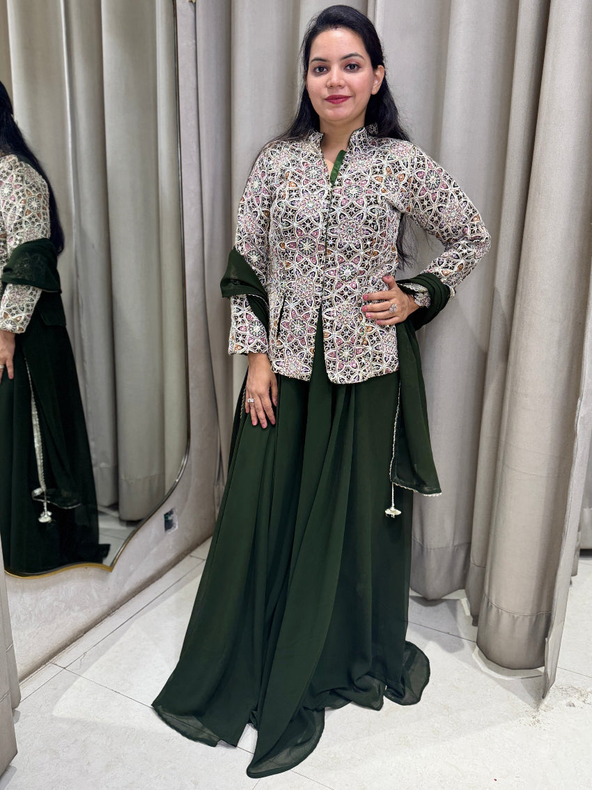 Olive green Indo Western with Multi colored thread embroidery shirt and flared palazzo