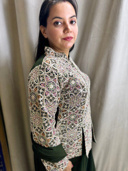 Olive green Indo Western with Multi colored thread embroidery shirt and flared palazzo