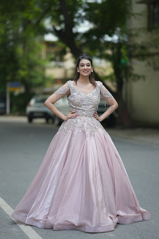 Onion Pink Organza Sequence & Jurkan Work Gown