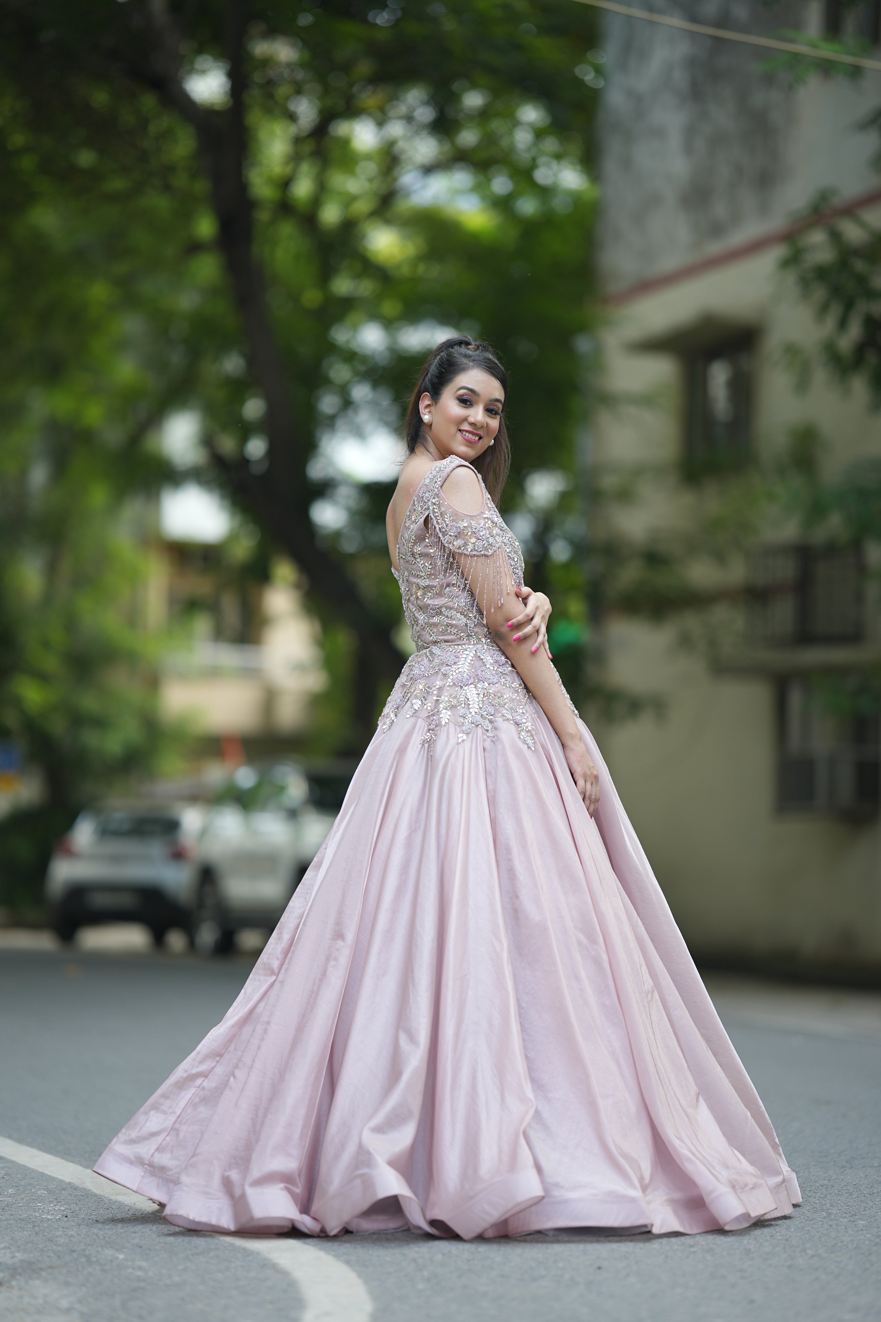 Onion Pink Organza Sequence & Jurkan Work Gown