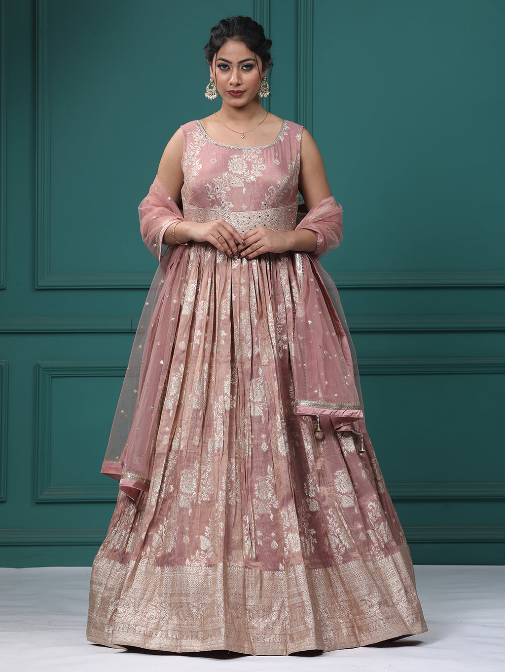 Onion Pink Silk Mirror Anarkali Dress