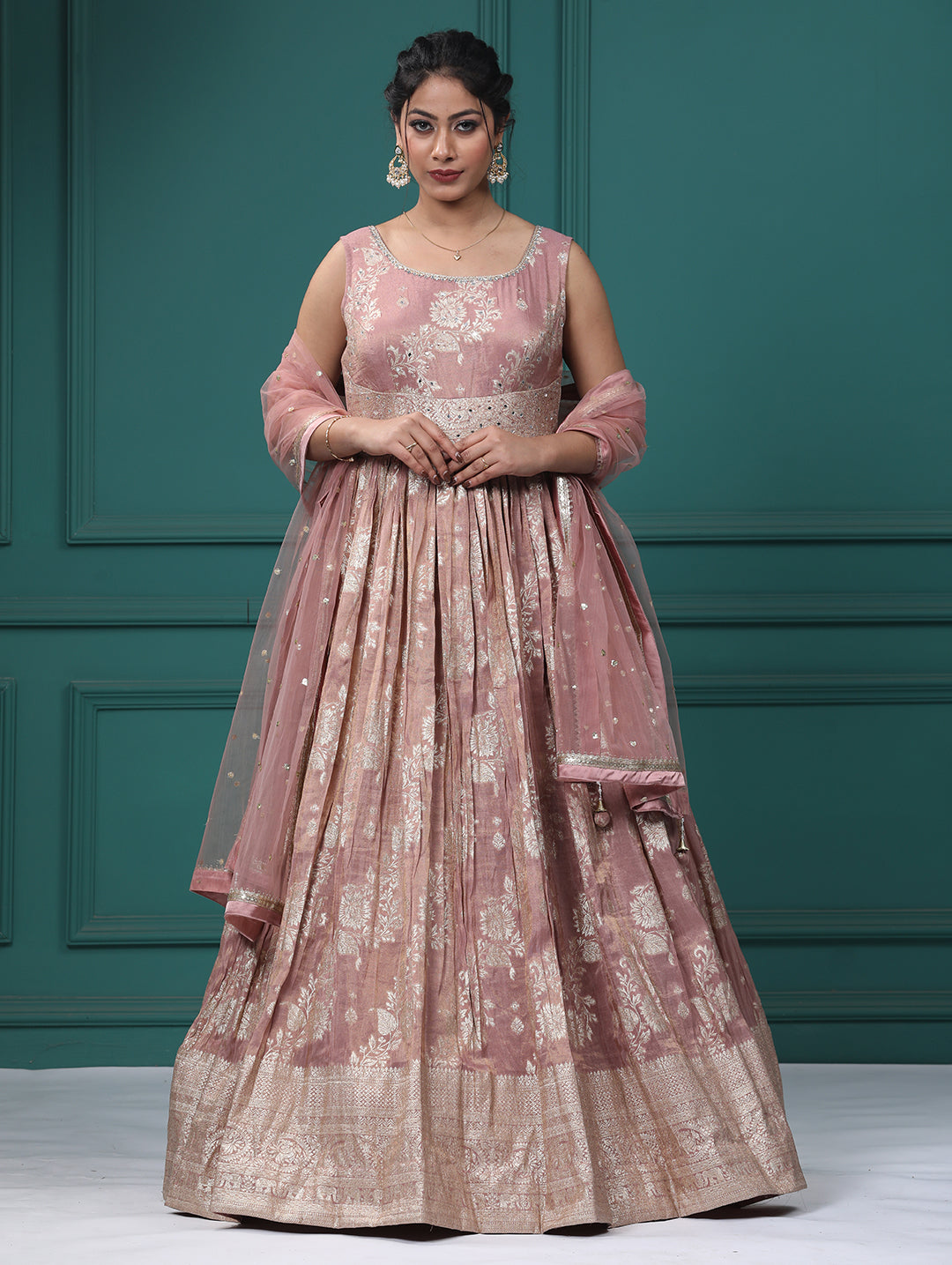 Onion Pink Silk Mirror Anarkali Dress