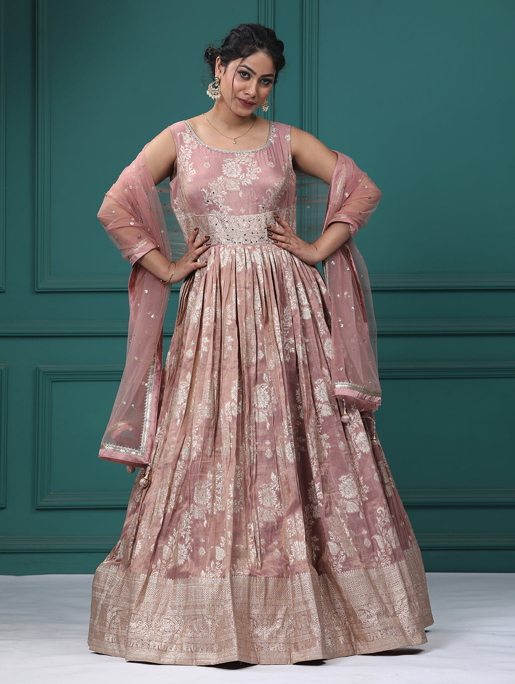 Onion Pink Silk Mirror Anarkali Dress