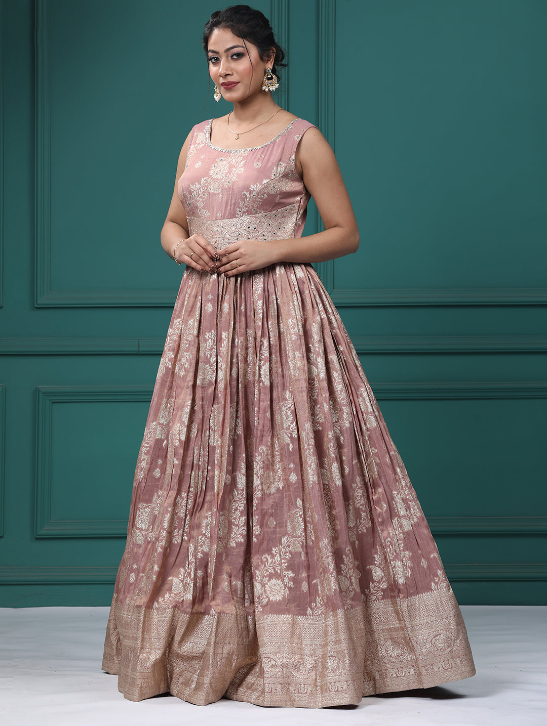 Onion Pink Silk Mirror Anarkali Dress