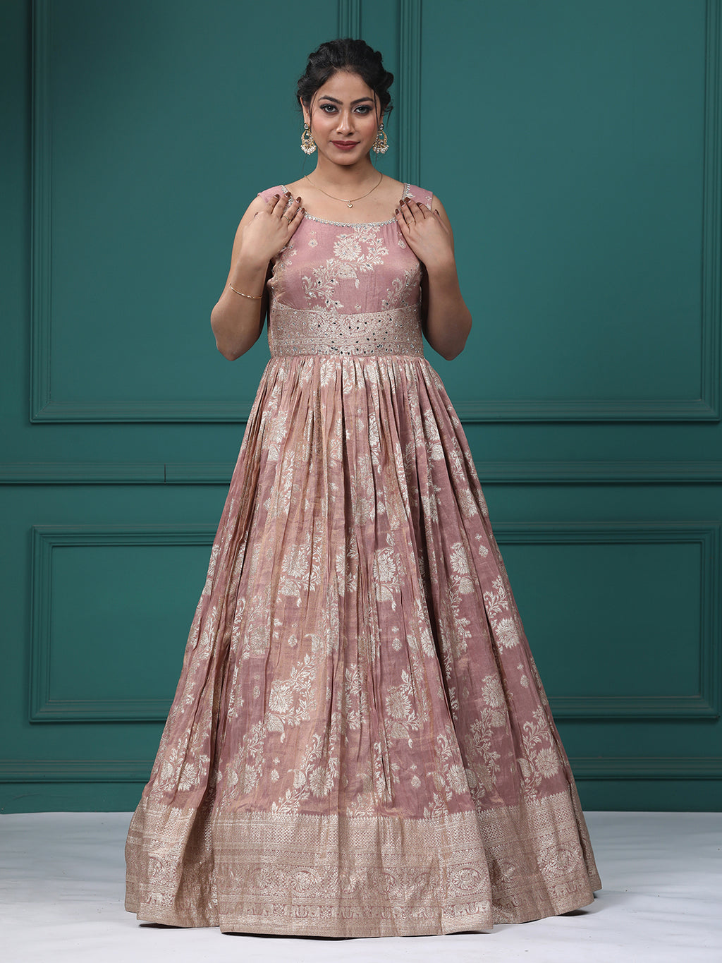 Onion Pink Silk Mirror Anarkali Dress