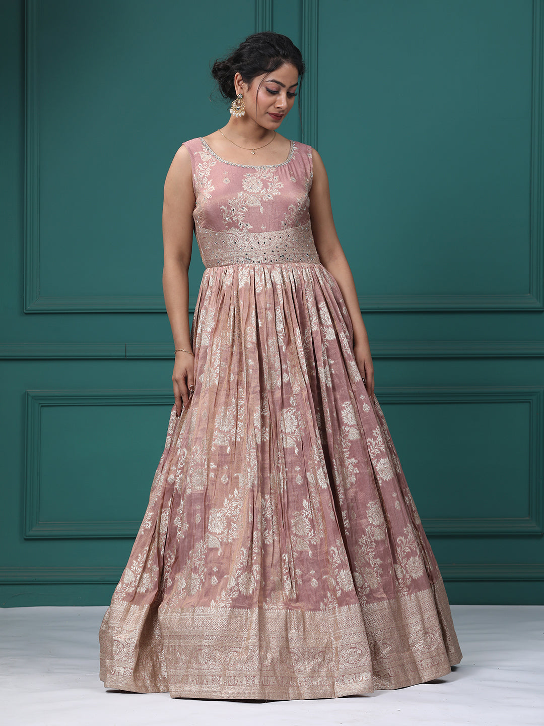 Onion Pink Silk Mirror Anarkali Dress