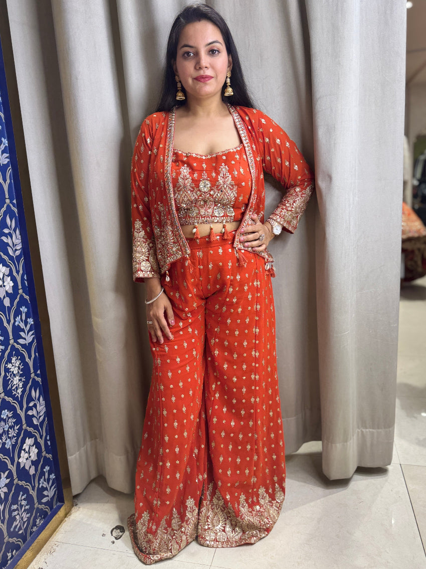 Orange Indo Western with jacket style and palazzo completely embelished with hand embroidery work