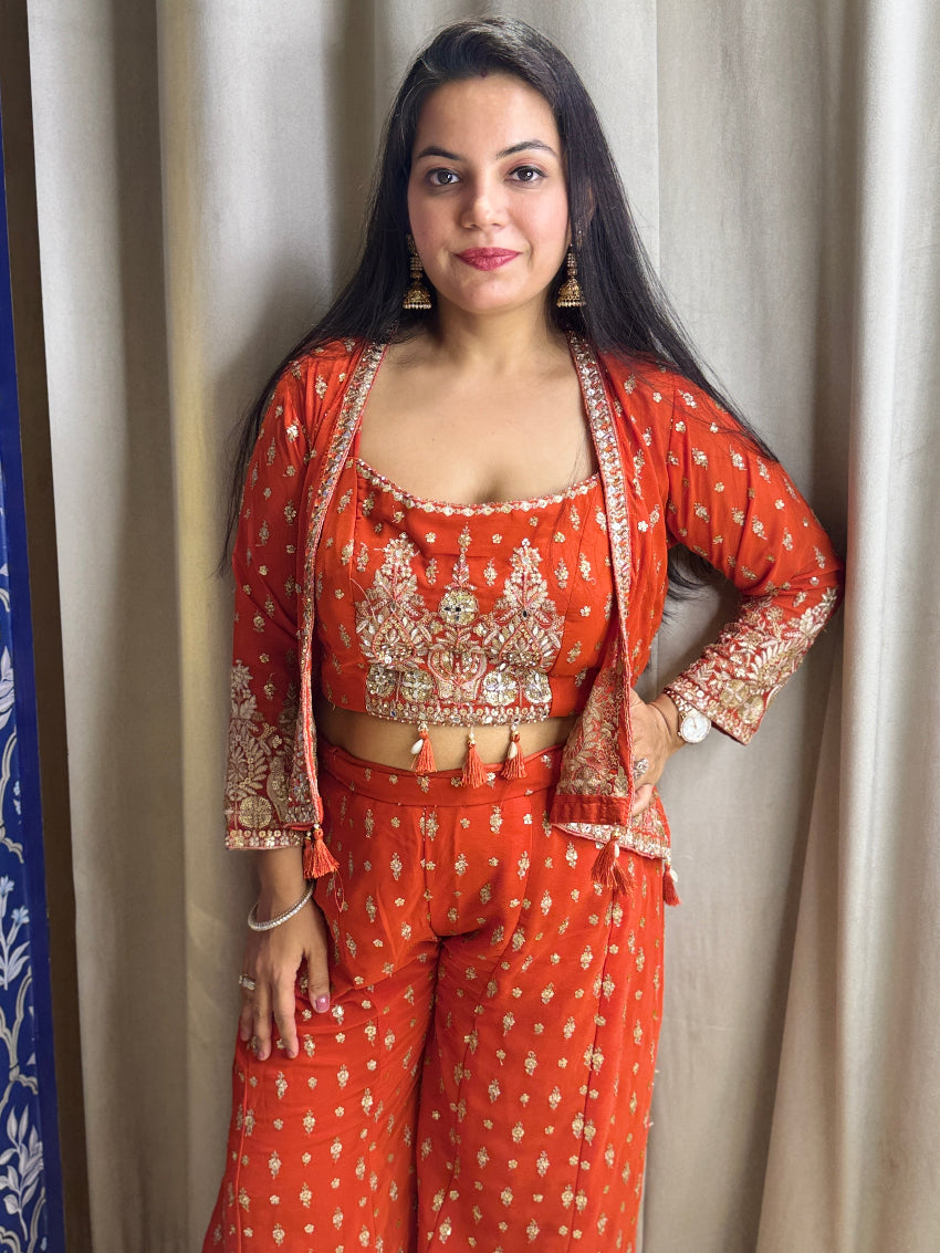 Orange Indo Western with jacket style and palazzo completely embelished with hand embroidery work