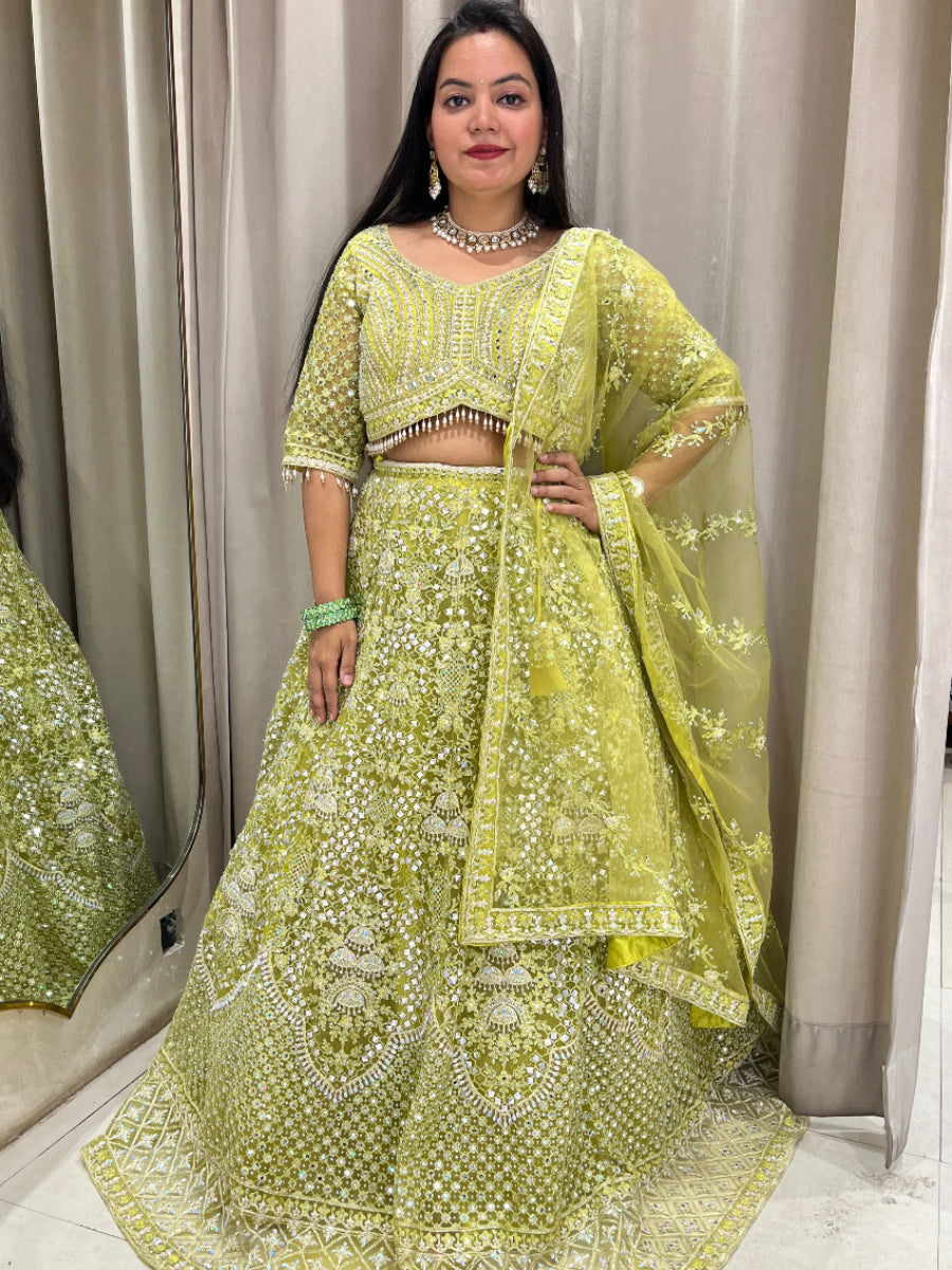 Parrot Green Net Lehanga With Intricate Embroidery ,Mirror And Stone Work