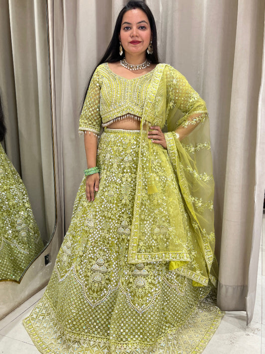 Parrot Green Net Lehanga With Intricate Embroidery ,Mirror And Stone Work