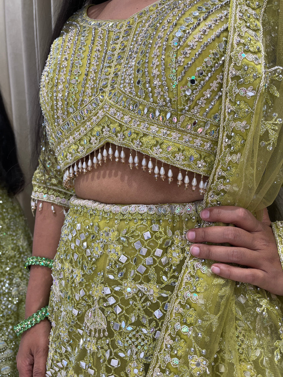 Parrot Green Net Lehanga With Intricate Embroidery ,Mirror And Stone Work