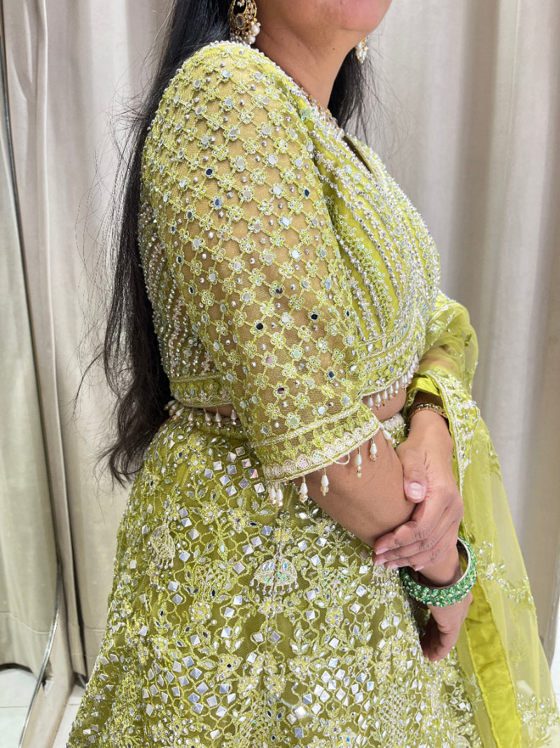 Parrot Green Net Lehanga With Intricate Embroidery ,Mirror And Stone Work