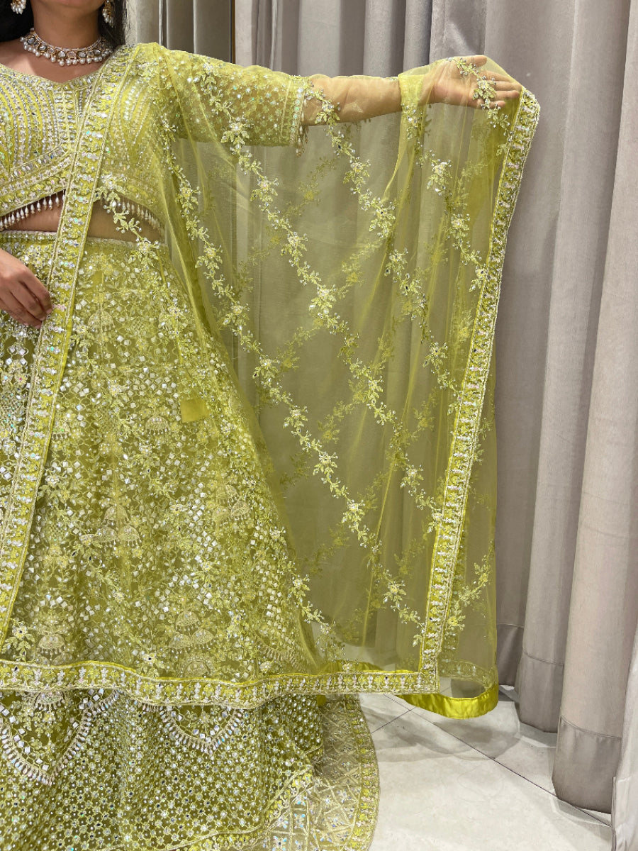 Parrot Green Net Lehanga With Intricate Embroidery ,Mirror And Stone Work
