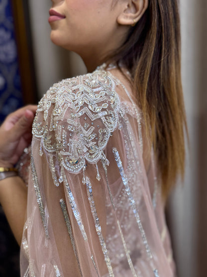 Peach color Designer heavy hand embroidered Engagement gown with cape