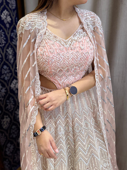 Peach color Designer heavy hand embroidered Engagement gown with cape
