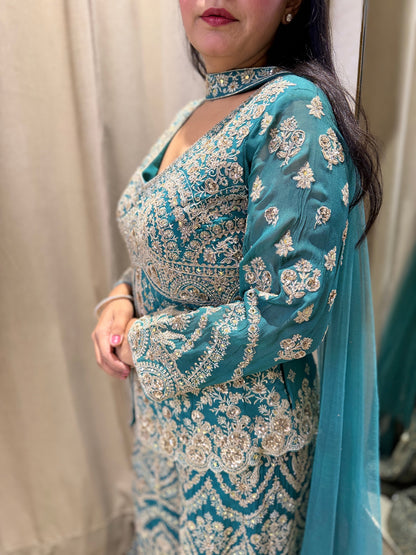 Peacock Blue heavily Embroidered Indo Western Sharara suit