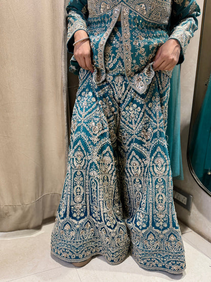 Peacock Blue heavily Embroidered Indo Western Sharara suit