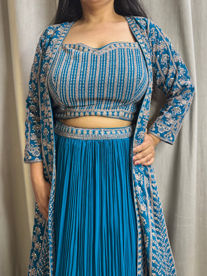 Peacock Blue heavy embroidered Indo Western Anarkali four piece set