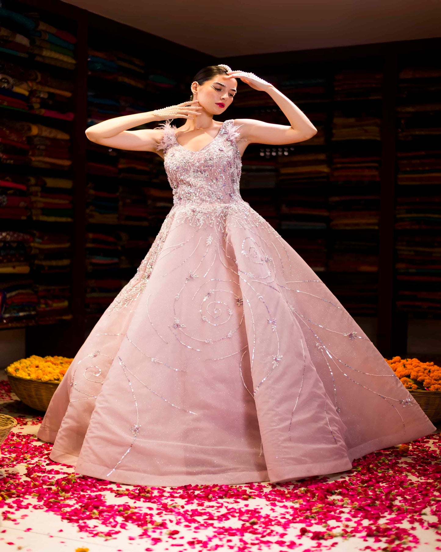 Pink Moti Handwork Ball Gown