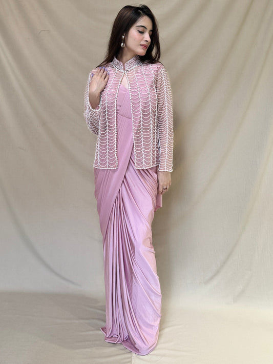 Pink Drape Saree With Pearl Web Shrug